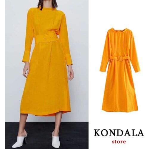 Chic women dress za 2020 orange sashes mid calf length dress long sleeve office lady dresses female rp vestidos