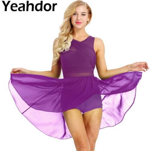 Womens Sleeveless Cut Out Asymmetric Chiffon Ballet Dance Leotard Dress Adult Lyrical Modern Dance Practice Costumes Dancewear