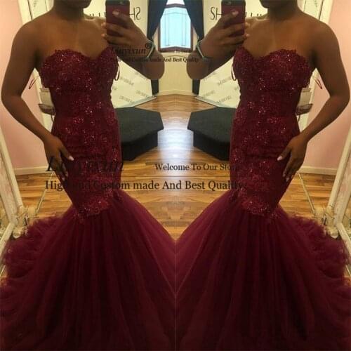 2020 Burgundy Mermaid Sweetheart African Prom Dresses Beads Lace Applique Backless Sweep Train Strapless Plus Evening prom dress