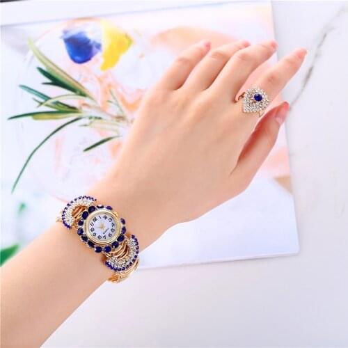 2021 Top Brand Luxury Rhinestone Watches Bracelet with Ring For Women 2 Set Ladies Relogio Feminino Reloj Mujer Montre Femme