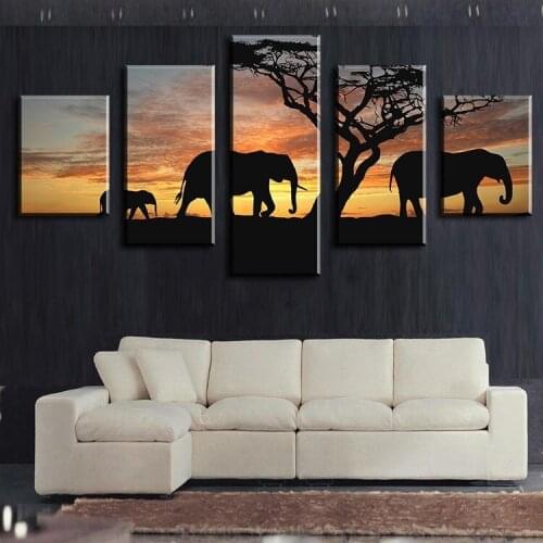 5 Piece Elephants Walking Modern Home Wall Decor Canvas Picture Art HD Print WALL Painting