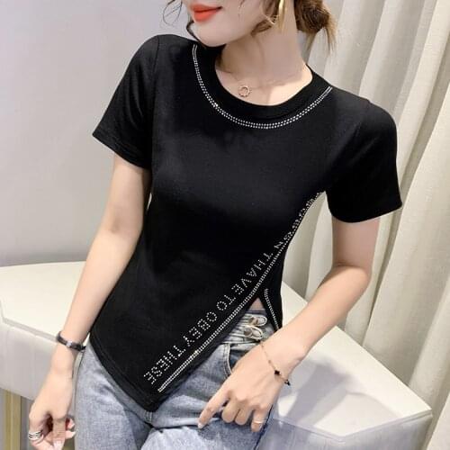 #6109 Black Pink White T-shirt Women Spliced Sexy Irregular Short T Shirt Female Side Split Fashion Slim Letters Diamonds Summer