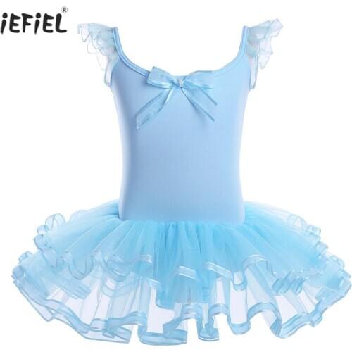 Girls Ballet Dance Dress Fashion Solid Color Ruffled Sleeve Leotard Dress Kids Dancewear Ballet Dance Gymnastics Mesh Tutu Dress