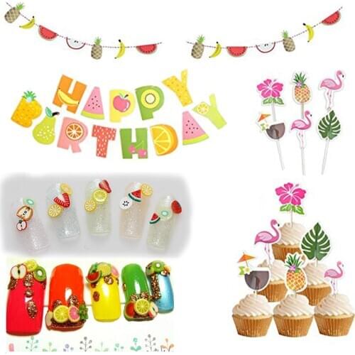 Happy Birthday Banner Fruit Party Decor 24 Cupcake Toppers Baby Birthday Party Fruits Theme 1000pcs 3D Confetti Paper Garland