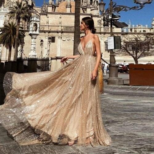 Sparkly Glitter Evening Dress Long Sequins Gold Navy Blue Backless Prom Dresses Sexy Deep V Neck Spaghetti Strap Party Gown 2019