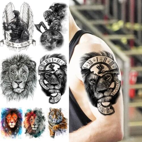 Large Black Lion Compass Temporary Tattoos For Men Boys Realistic Knight Wing Tiger Fake Tattoo Sticker Arm Body Transfer Tatoos