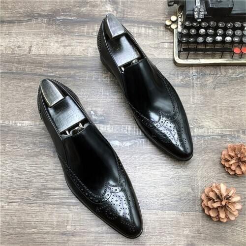 Genuine leather Men brogue Business Wedding banquet shoes casual flat shoes vintage handmade oxford shoes for men black brown