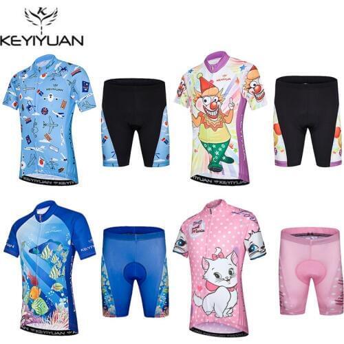 KEYIYUAN Children Cycling Clothing Boys Girls Short Sleeve Jersey with Pad Shorts Set Bike Team MTB Ropa Ciclismo Kids Sportwear