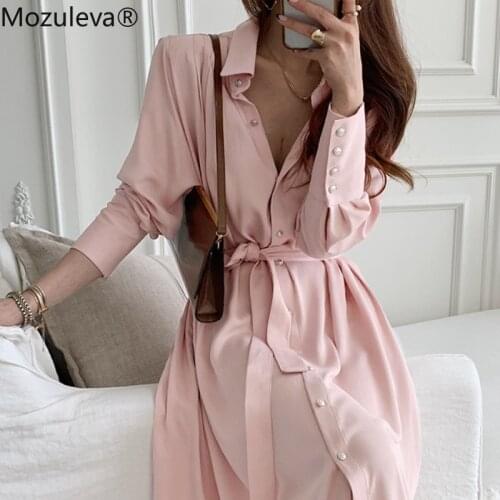 Mozuleva Elegant Womens Chic Korean Style Fashion Office Lady 2021 Casual Summer Belted Vestidos Ladies Robe Femme