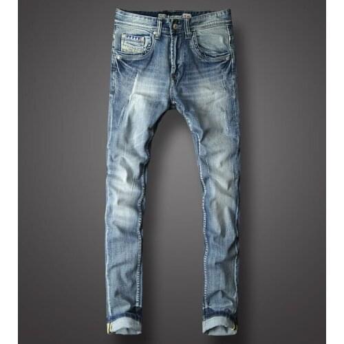 European Vintage Fashion Men Jeans Retro Light Blue Elastic Slim Fit Ripped Jeans Men Korean Printed Designer Casual Denim Pants