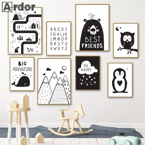 Mountain Cloud Print Penguin Bear Black And White Canvas Poster Nursery Wall Art Painting Alphabet Wall Pictures Baby Room Decor