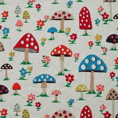 Cotton Linen Fabric for sewing pathwork, bedding - Mushroom and flower (width=140cm)
