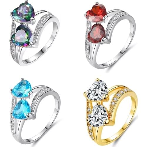 Beiver Double Heart Rainbow CZ Ring in Rhodium Plated Wedding Bands AAA Zircon Jewelry Women Accessories Engagement Ring