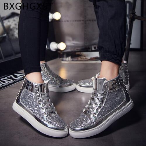 Unisex fashion casual shoes men Patent leather party Elevator shoes for men Silver Coiffeur Hip hop shoes men glitter кроссовки