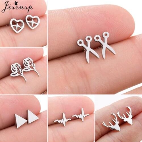 Small Triangle Stainless Steel Earrings Women Everyday Jewelry Minimalist Heartbeat Scissor Earing Animal Deer Studs Punk Gifts