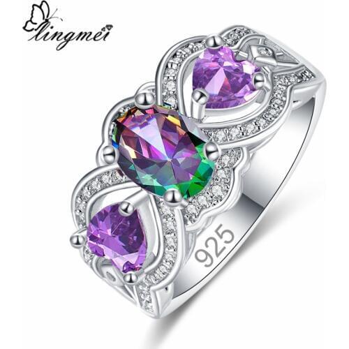 Lingmei Engagement Fashion Cocaktil Oval Heart Jewelry PurpleMultiWhiteRedWhite Zircon Silver Color Ring Size 6-9