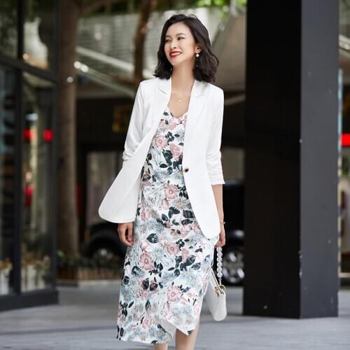 Fashion White Blazer Women Dress Suit Ladies Business Work Wear Print Dress and Jackets Sets