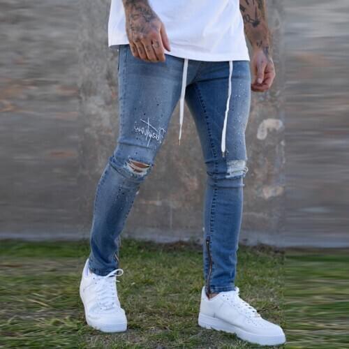 Men Slim Fit Denim Pants Ripped Pencil Jeans Pant 2020 Hip Distressed Jeans Trouser Casual Pantalones Vaqueros Hombre Letter