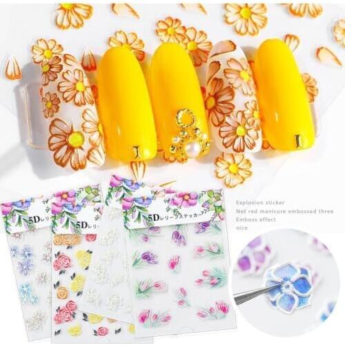 5D Flower Nail Stickers Acrylic Engraved Nail Art Sticker Colorful Flower Leave Template Self-adhesive Decals Nail Decoration