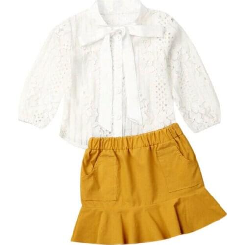 2019 Fashion New Kids Baby Girl Long Sleeve Lace White T-shirt Tops Fishtail Skirt 2PCS Outfits Girls Clothing Set