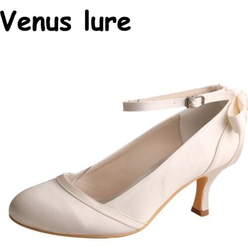 Custom Handmade White Ivory Ankle Strap Shoes with Bow Mid Heels 6.5CM