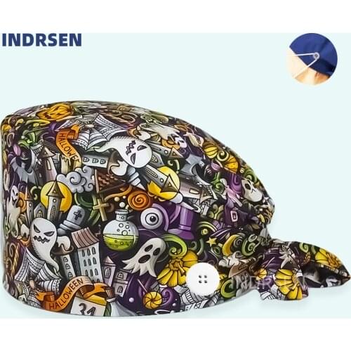 Wholesale Scrubs Cap Cotton Anime Printing Adjustable Nursing Caps Beauty Salon Pet Shop Working Accessories Scrub Hat Women