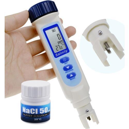 Pen Type Salinity & Temperature Meter ATC w/ Calibration Solution Set ppm / ppt / % / S.G. 4 Units Salt NaCl Water Quality Test