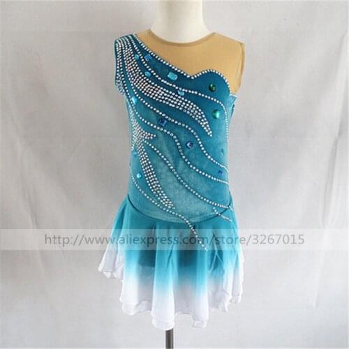 Figure Skating Dress Womens Girls' Ice Skating Dress Sky blue sleeveless style A gradient skirt Fine water drill decoration