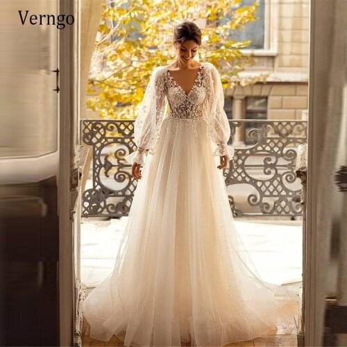 Verngo Delicate Lace Floral Dotted Tulle A Line Wedding Dress Puff Long Sleeves V Neck 2021 Bride Gowns Korea Bridal Dress