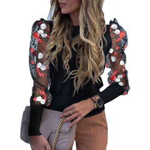 Casual Women O Neck Mesh Floral Embroidery Long Puff Sleeve Slim Shirt Blouse