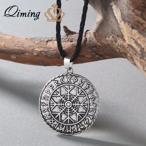 QIMING Viking Necklace Antique fashion Vegvisir Necklace Norse Pendant Runic Necklace Viking Compass Pendant Men Jewelry