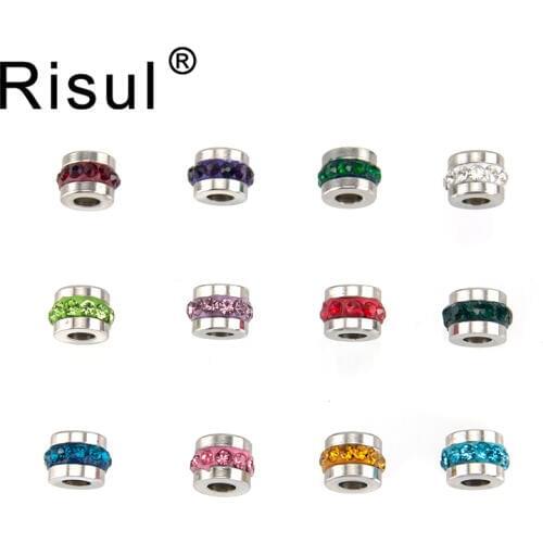 Risul Stainless steel 36pcs/lot mixed Birth lucky stones 12color charm 6mm slide charm jewelry making (Jan-Dec. 3pcs each) gifts