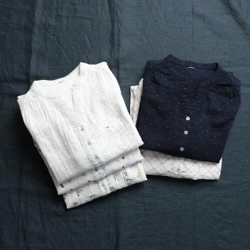 Stand collar small V neckline two side pockets cotton double layer gauze shirt double yarn weaving girl spring 20210203