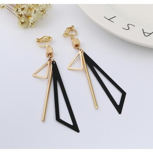 Korean Personality Fashion Triangle Geometric Clip on Earrings Without Piercing Retro Female Tassel Long Women Ear Clips Jewelry