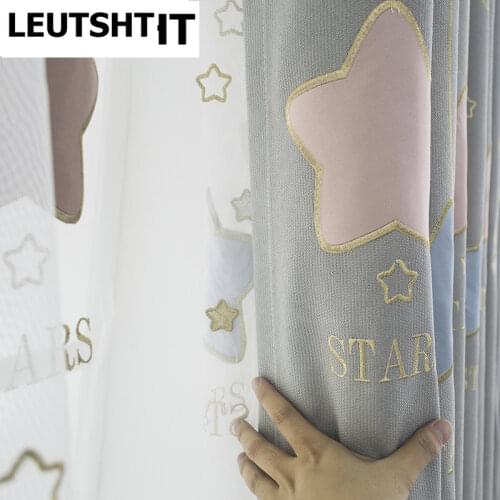 Grey Embroidered Velvet Stars White Sheer Tulle Window Curtains For Living Room Bedroom Modern curtain cloth for Kid Room JK07Y