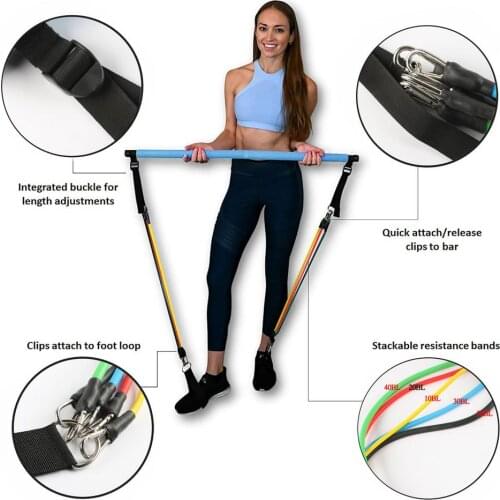 Pilates Bar Exercise Stick Set Adjustable Buckle Resistance Bands Fitness Yoga Pilates Stick Stretching Training Home Gym