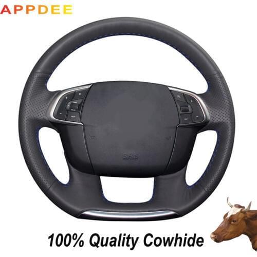 APPDEE Hand-stitched Black Genuine Leather Steering Wheel Cover for Citroen C4 C4L