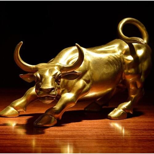 Golden Brass Bull Wall Street Bull OX Figurine Sculpture Charging Stock Market Cattle Statue Home Office Decoration Gift