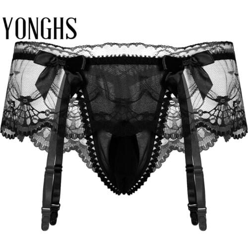 Mens Sissy Panties Erotic Lingerie Lace Underwear with Two Small Bowknot Stretchy Waistband with Bulge Pouch Male Underpants
