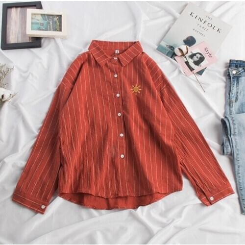 Vertical Striped Embroidered White Shirt Womens Long Sleeve Loose Student College Style Shirt 2020 Spring and Autumn New Style