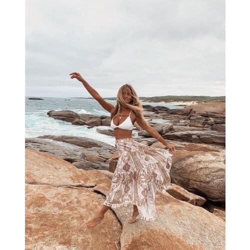 DUISNENA long boho skirt white dress with pink floral print women skirts spring summer tassel vestidos