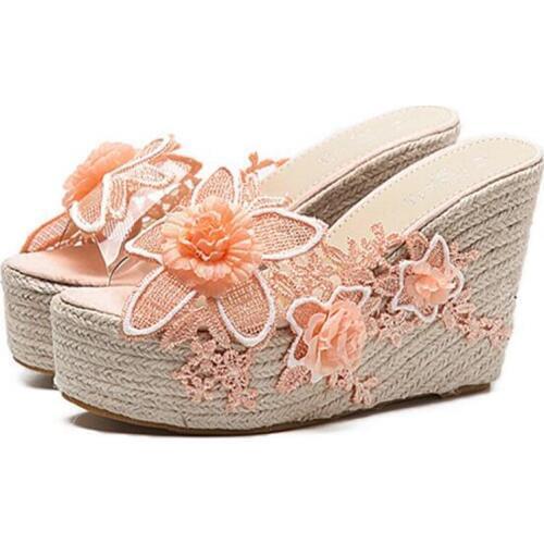 11CM Women Wedge Sandals Linen Slippers Women Flowers Lace Luxury Sexy Style Shoes Summer 2020 Sweet Shoes