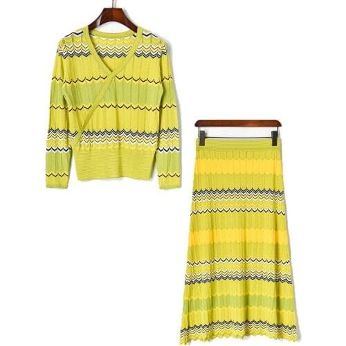 2 pieces set 2020 spring autumn women sweet striped v-neck hollow out long sleeve knitted sweater + long skirt sets JC404