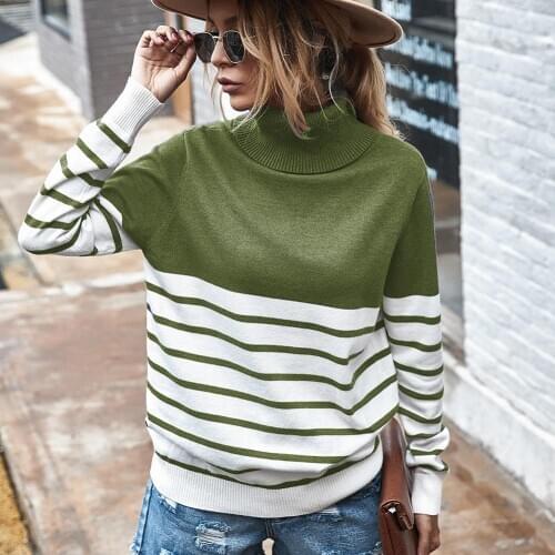 Women Casual Autumn Winter Turtle Neck Stripes Slim Sweater Pullover Jumpers