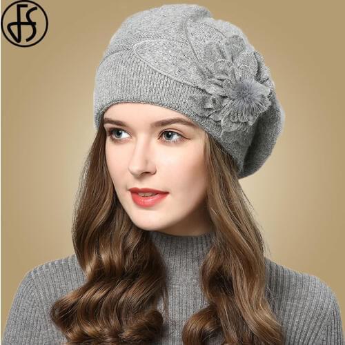 FS Women Berets Knitted Wool Hats Winter Flowers Warm Female Cap Girls Beanies Rabbit Fur Hat Gorros Bonnet Femme Hiver 2020