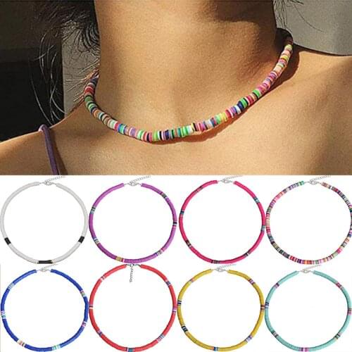 Womens Boho 6mm Colorful Polymer Clay Choker Necklace Flat Round Beaded Necklace