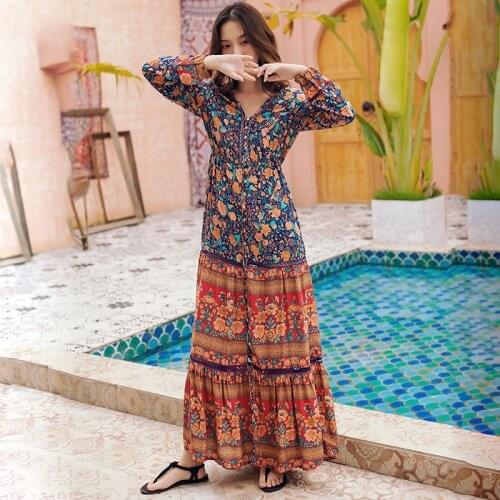 Boho vestidos Floral print sashes beach Bohemian maxi dress Ladies cross V neck Summer rayon dress