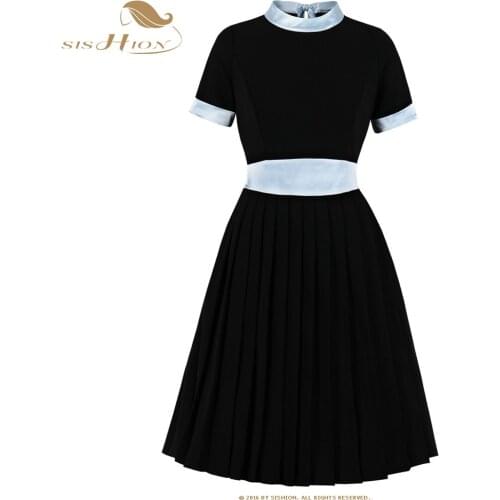 SISHION Stand Collar Bow Woman Dress VD1636 Black Blue Patckwork navidad Dresses for Women 2021 robe femme