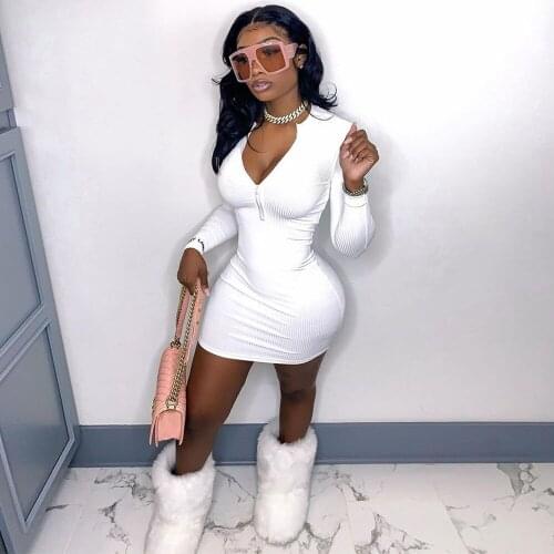 Lucky Label Embroidery Ribbed Knitted Dress for Women White Deep V Neck Long Sleeve Sheath Dresses Streetwear Zipper Vestidos