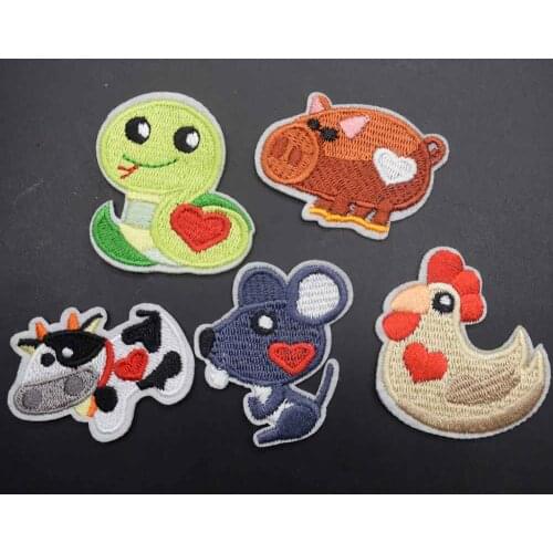 5 pcs/set Cartoon Animal Snake Chick Pig Cow Mouse Iron on Embroidered Cloth Clothes Patch For Clothing Girls Boy Wholesale